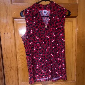 Anne Klein Red and Black Leaf Pattern Blouse